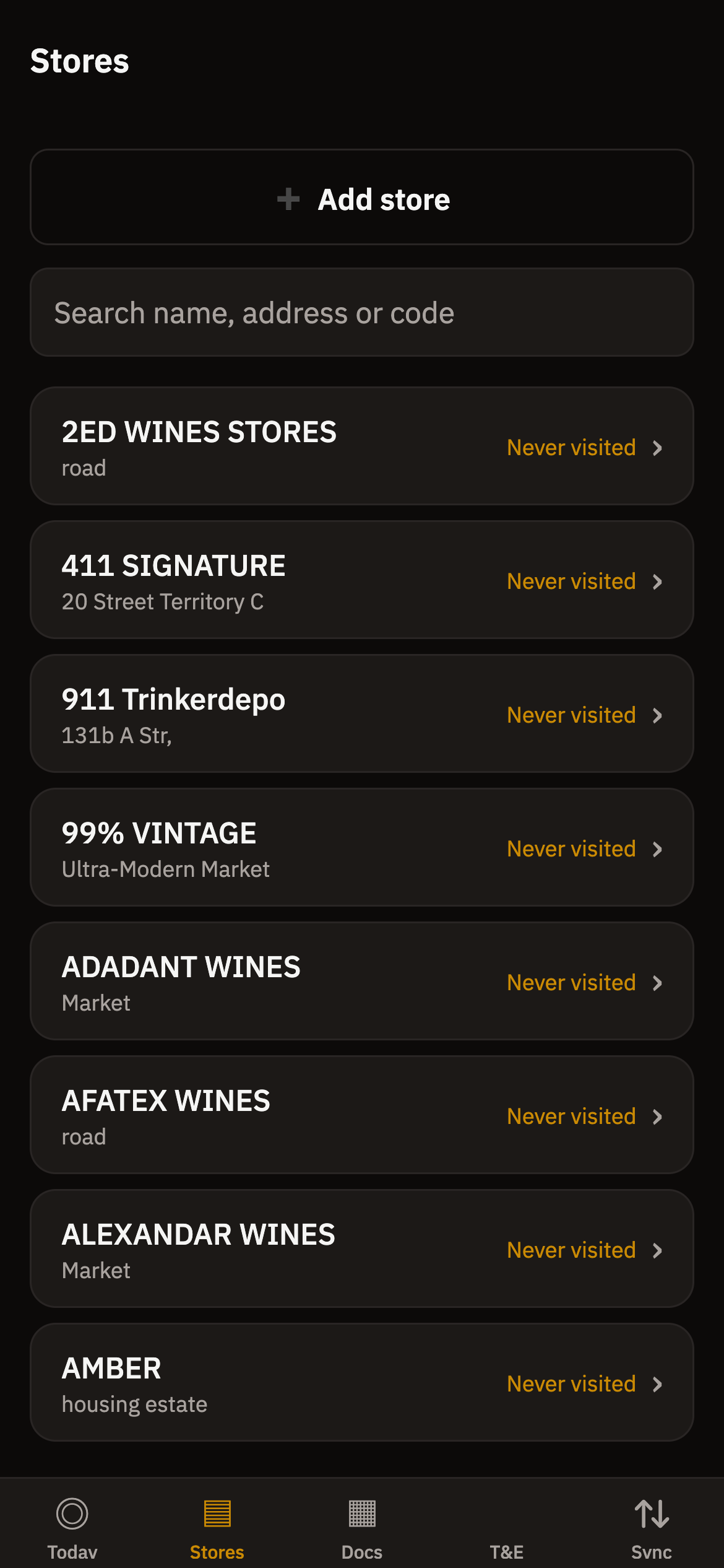 Rep app store list showing assigned outlets with last-visit recency